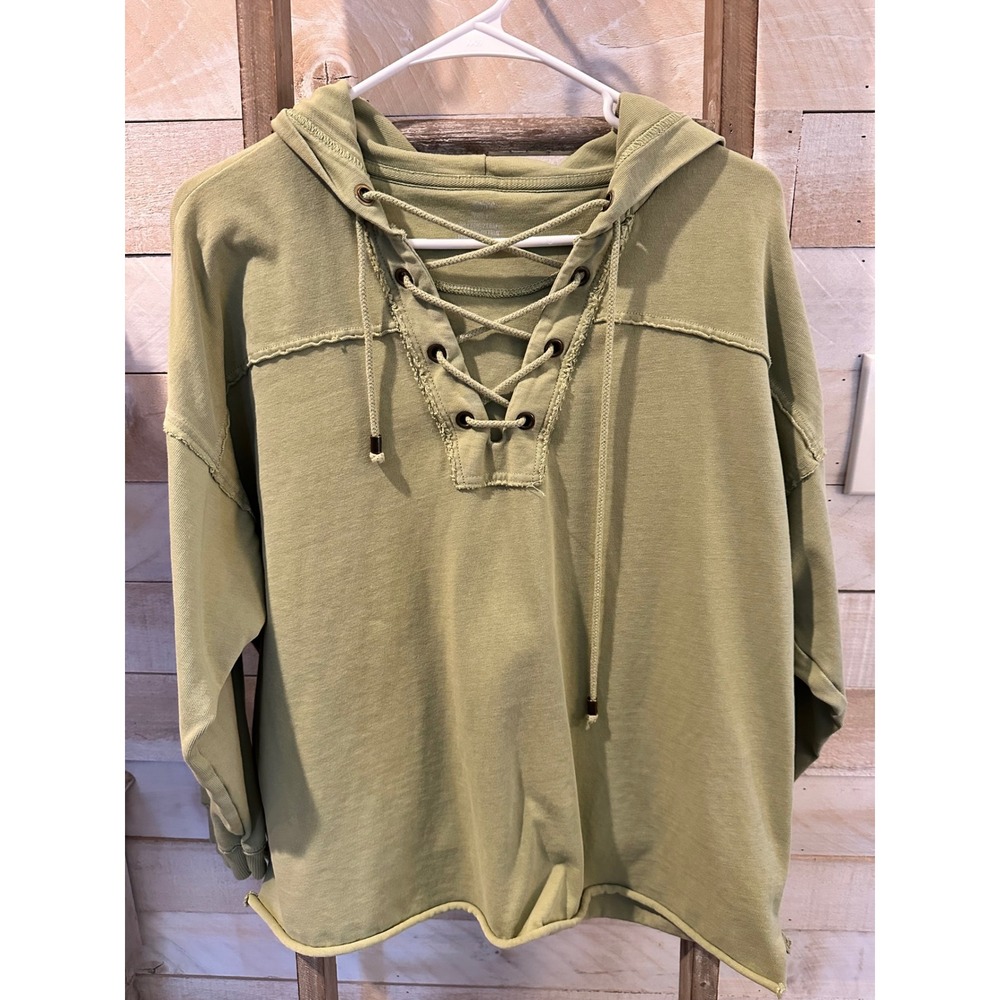 Aerie Sage Green Lace Up Hoodie Sweatshirt XS Raw Hem Boho Pullover